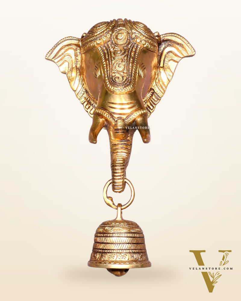 Pure Brass Elephant Face with Bell Wall Hanging 10.6"