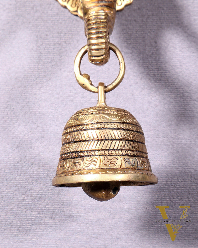 Pure Brass Elephant Face with Bell Wall Hanging 10.6"