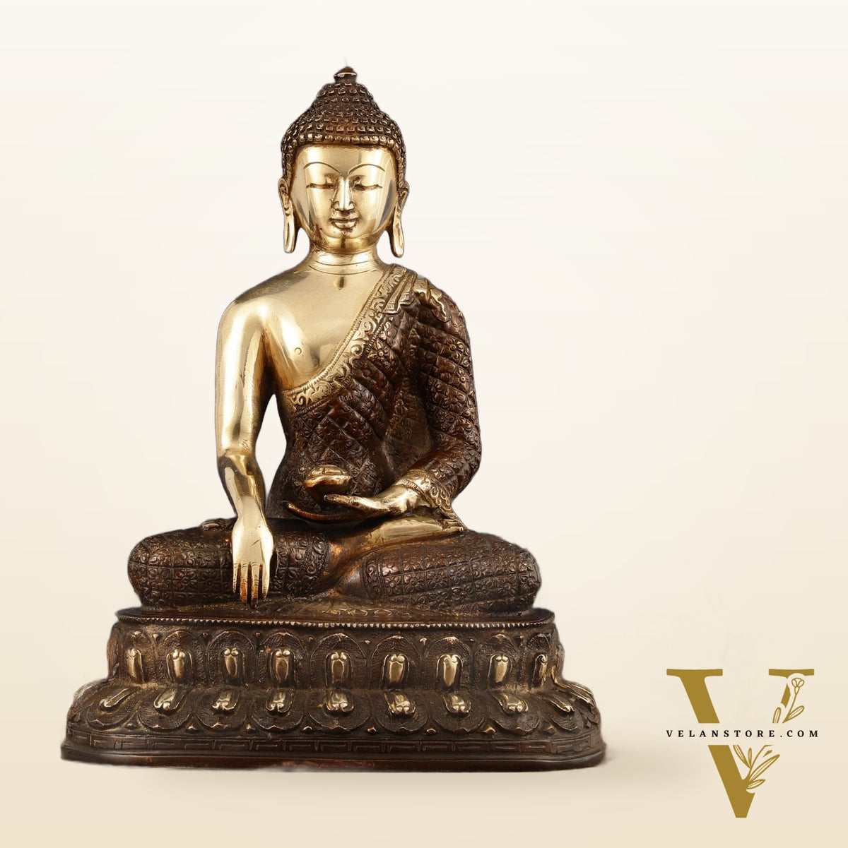 Pure Brass Engraved Buddha Statue in Bhumi Nirvana Mudra - 10.5" Height