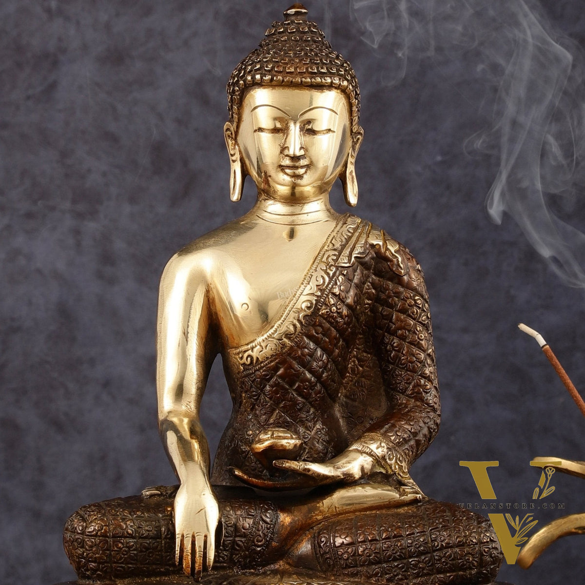Pure Brass Engraved Buddha Statue in Bhumi Nirvana Mudra - 10.5" Height
