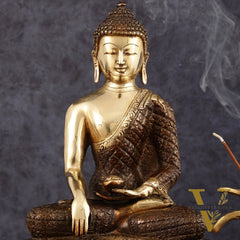 Pure Brass Engraved Buddha Statue in Bhumi Nirvana Mudra - 10.5" Height