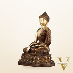 Pure Brass Engraved Buddha Statue in Bhumi Nirvana Mudra - 10.5" Height