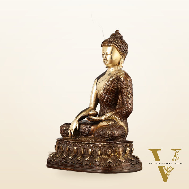 Pure Brass Engraved Buddha Statue in Bhumi Nirvana Mudra - 10.5" Height