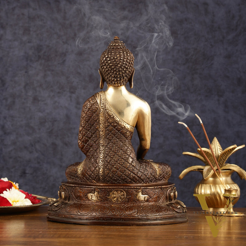 Pure Brass Engraved Buddha Statue in Bhumi Nirvana Mudra - 10.5" Height