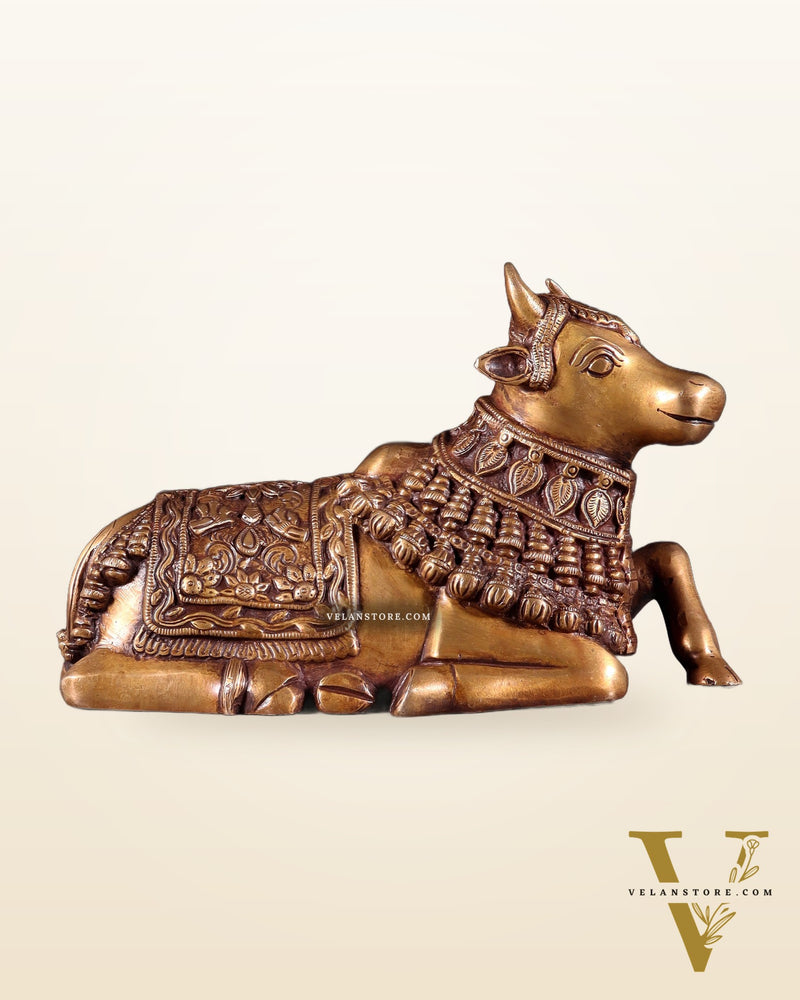 Pure Brass Engraved Nandi Statue – 10" antique tone