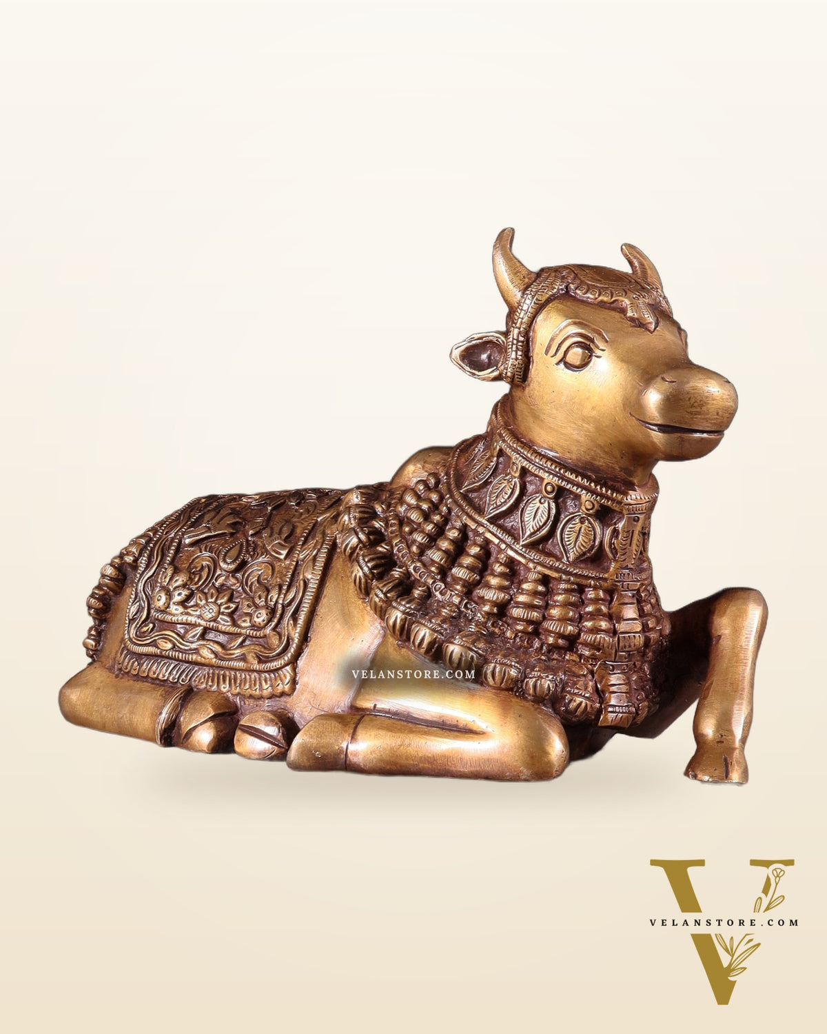Pure Brass Engraved Nandi Statue – 10" antique tone