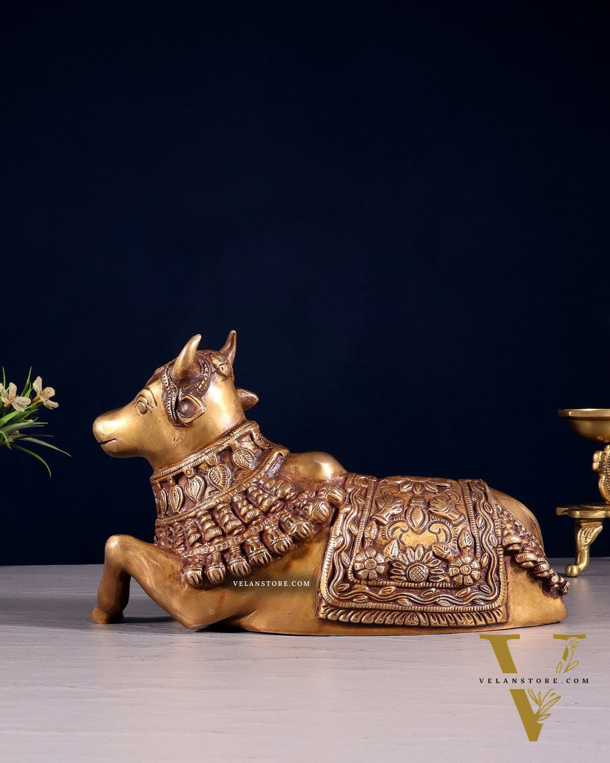 Pure Brass Engraved Nandi Statue – 10" antique tone