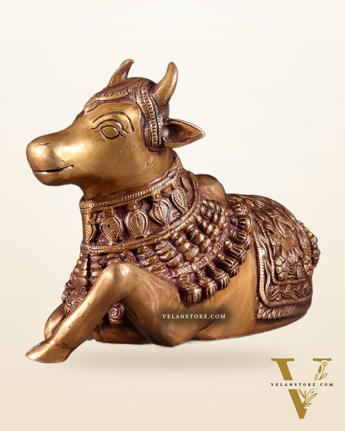 Pure Brass Engraved Nandi Statue – 10" antique tone