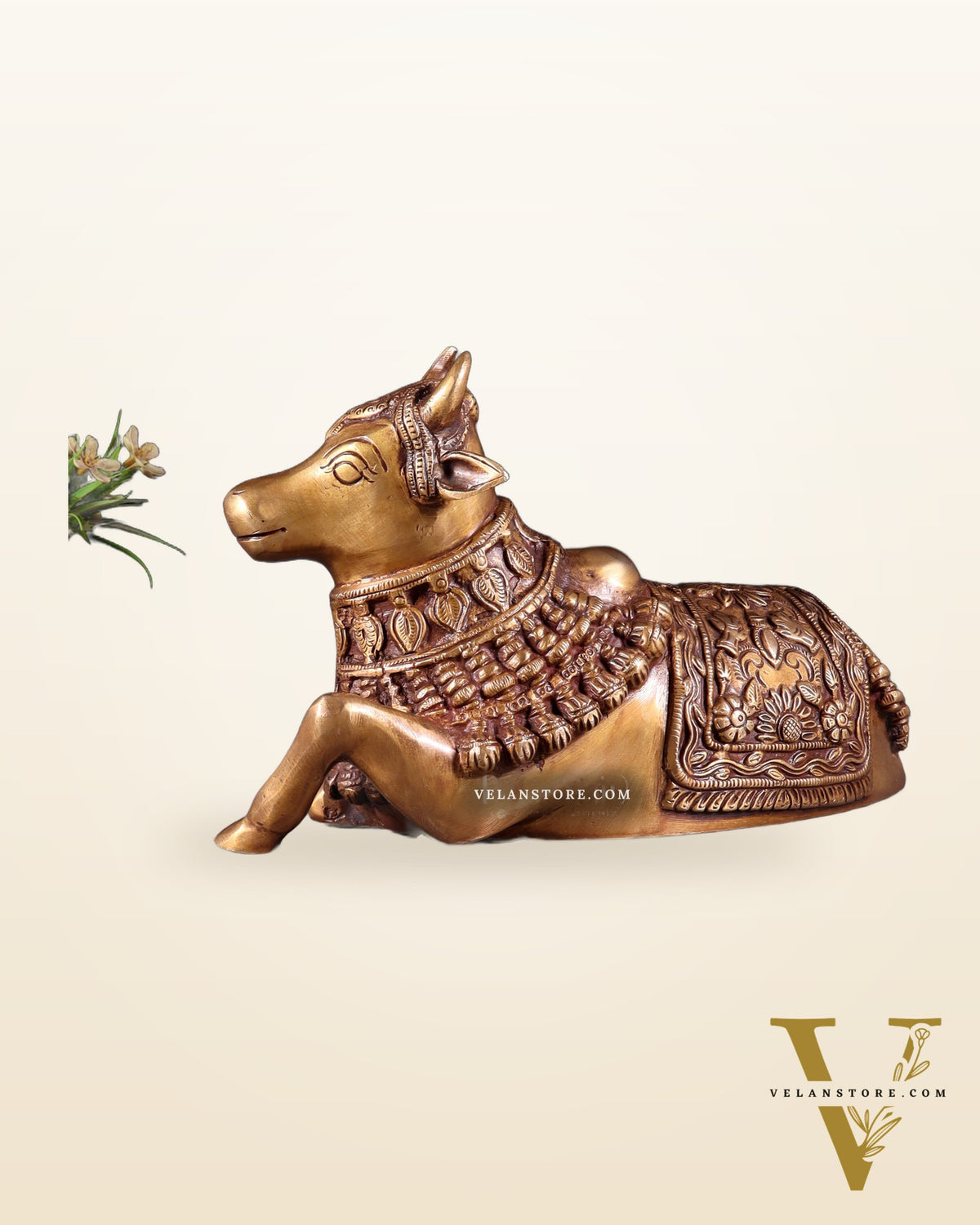 Pure Brass Engraved Nandi Statue – 10" antique tone