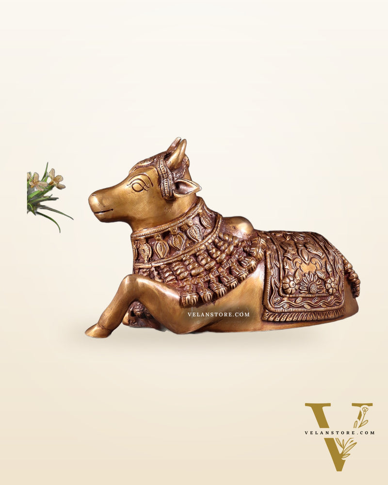 Pure Brass Engraved Nandi Statue – 10" antique tone
