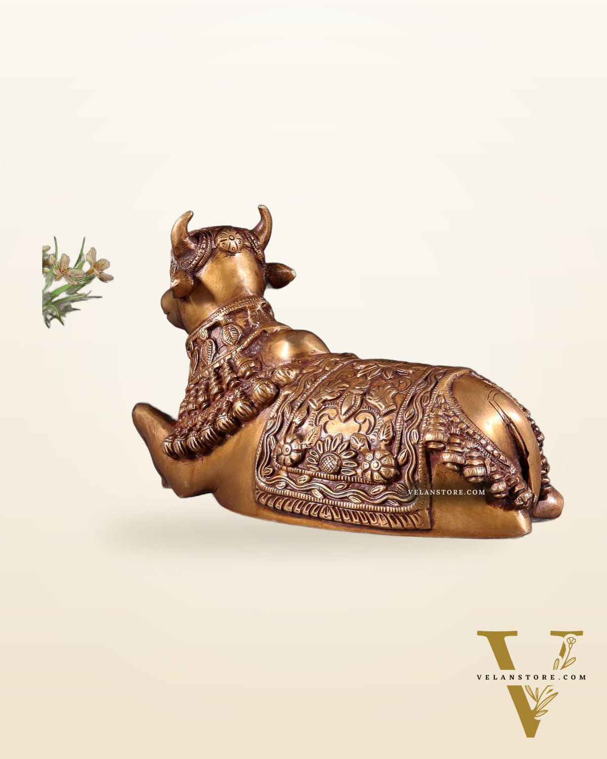 Pure Brass Engraved Nandi Statue – 10" antique tone