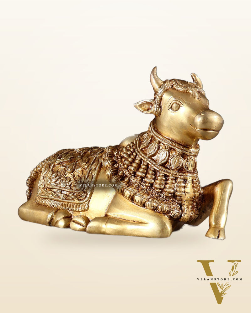 Pure Brass Engraved Nandi Statue – 10" butter gold