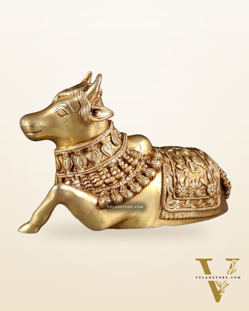 Pure Brass Engraved Nandi Statue – 10" butter gold