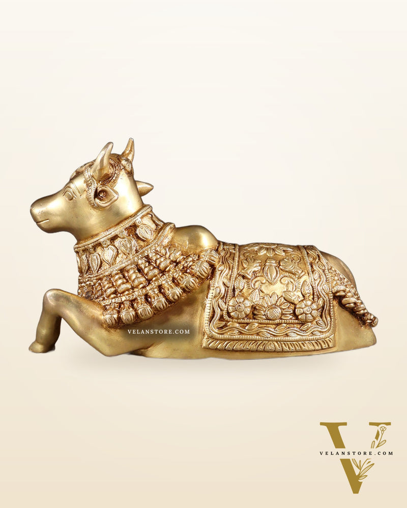 Pure Brass Engraved Nandi Statue – 10" butter gold