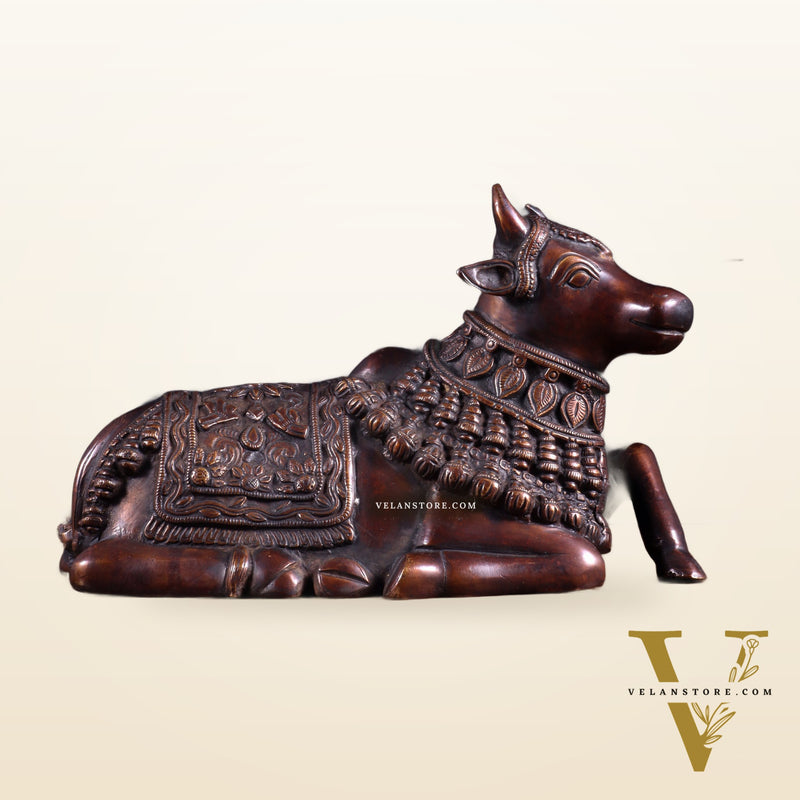 Pure Brass Engraved Nandi Statue – 10" Dark brown