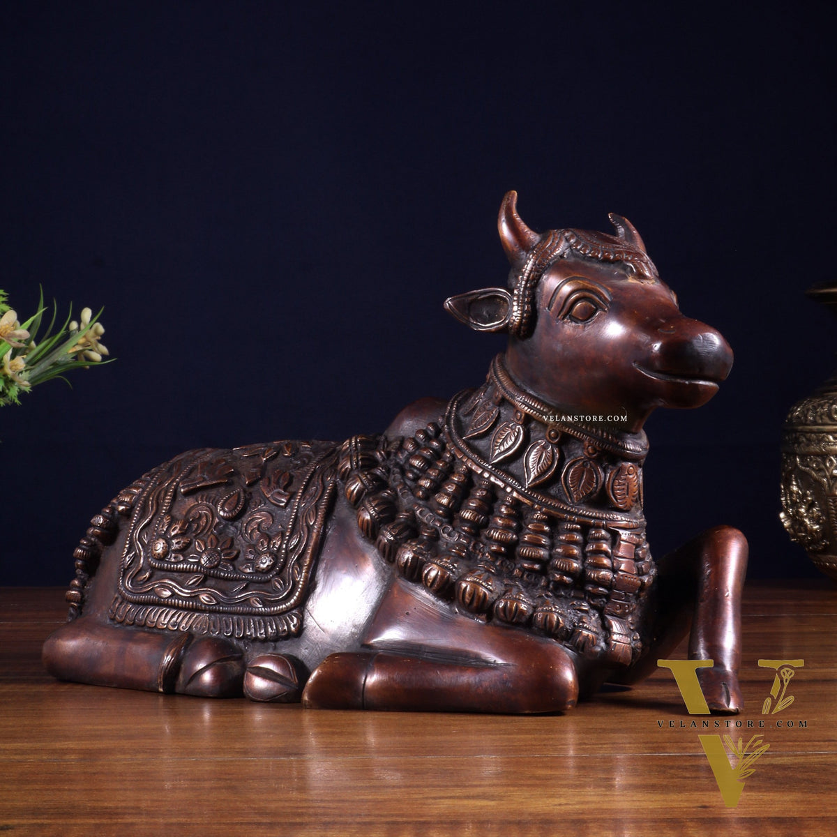 Pure Brass Engraved Nandi Statue – 10" Dark brown