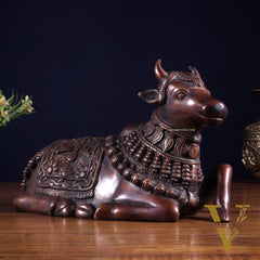 Pure Brass Engraved Nandi Statue – 10" Dark brown