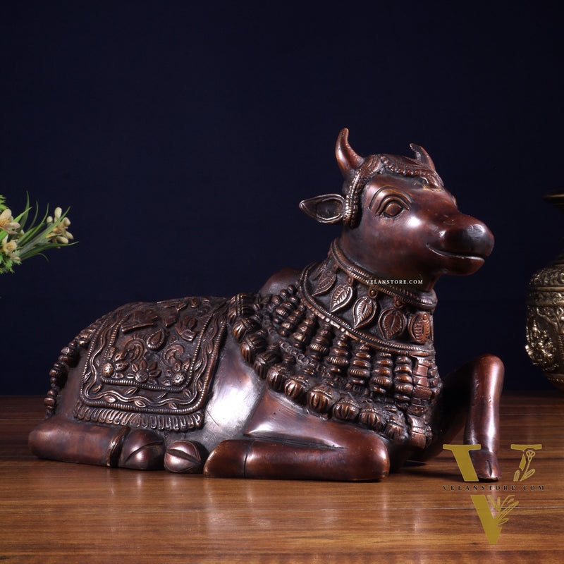 Pure Brass Engraved Nandi Statue – 10" Dark brown