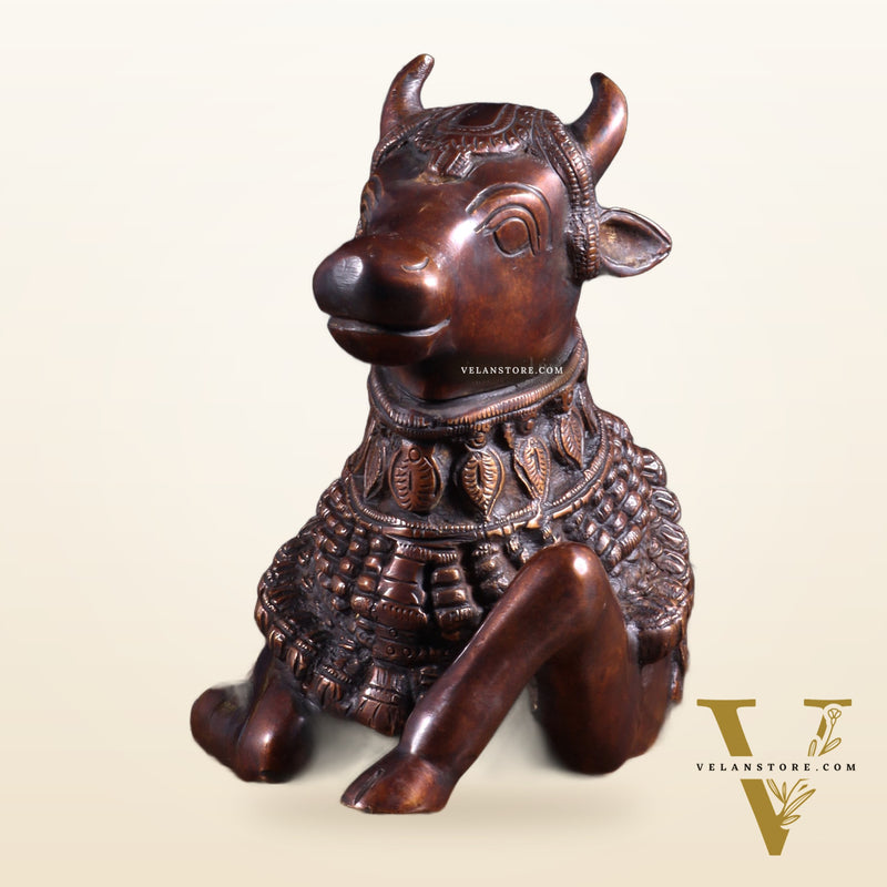 Pure Brass Engraved Nandi Statue – 10" Dark brown