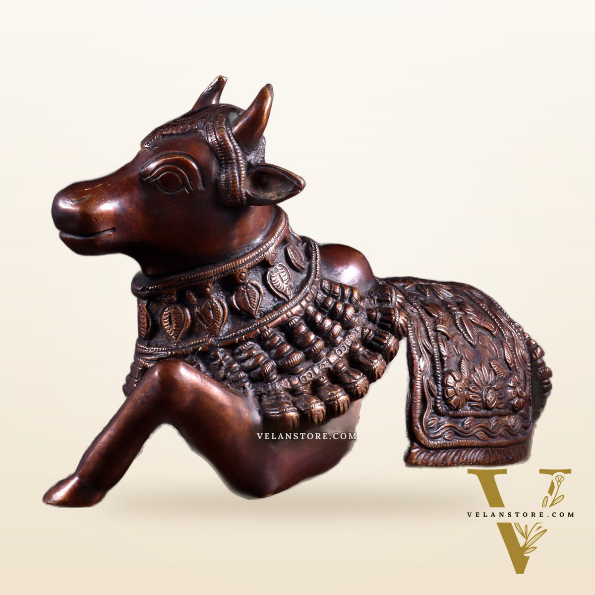 Pure Brass Engraved Nandi Statue – 10" Dark brown