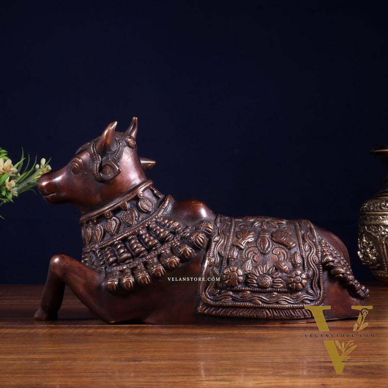 Pure Brass Engraved Nandi Statue – 10" Dark brown