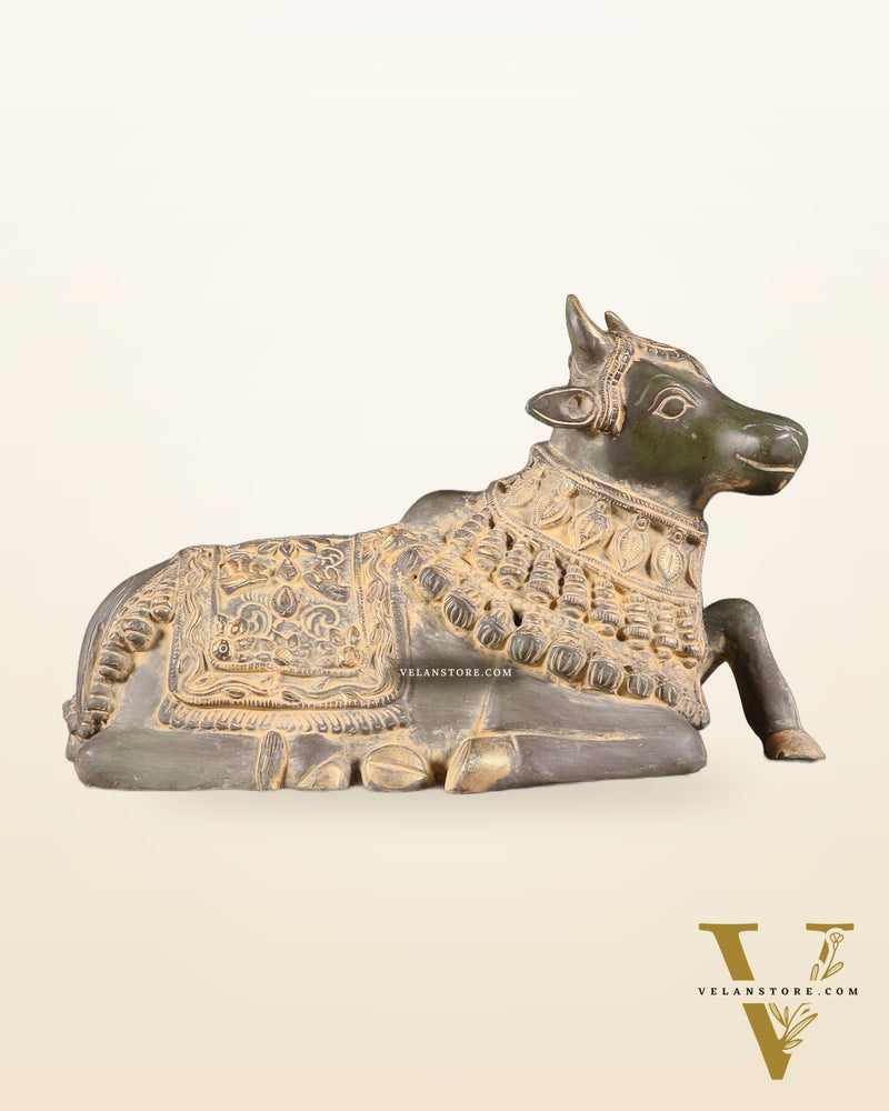 Pure Brass Engraved Nandi Statue – 10" Green Sand Patina