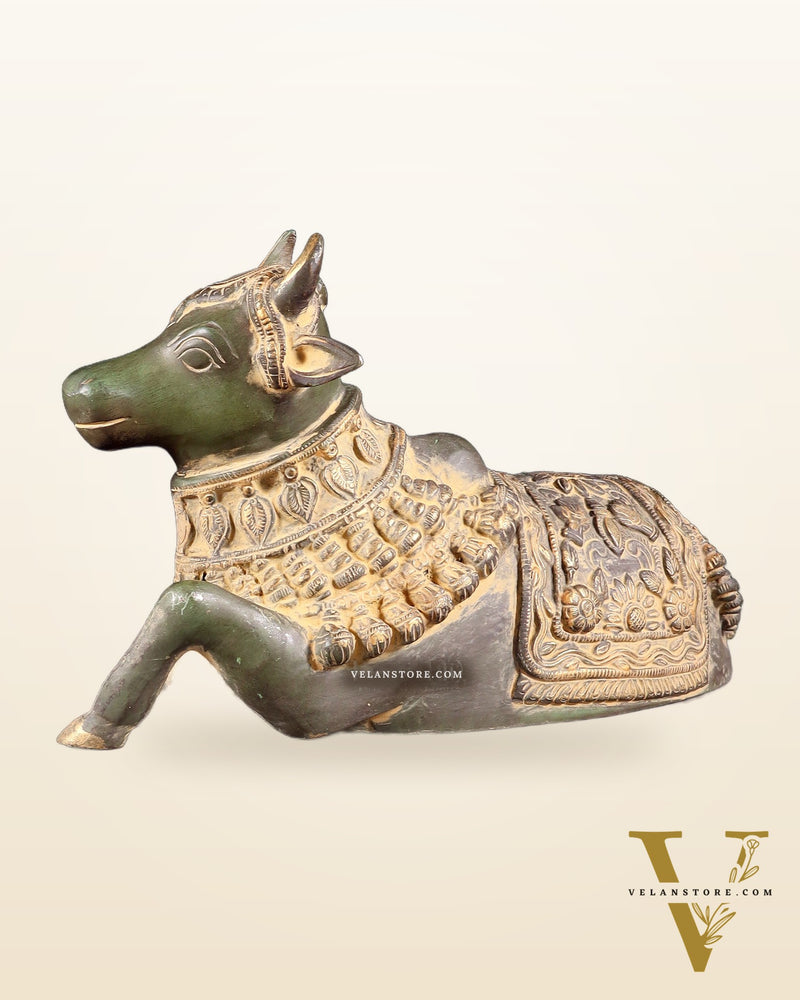 Pure Brass Engraved Nandi Statue – 10" Green Sand Patina