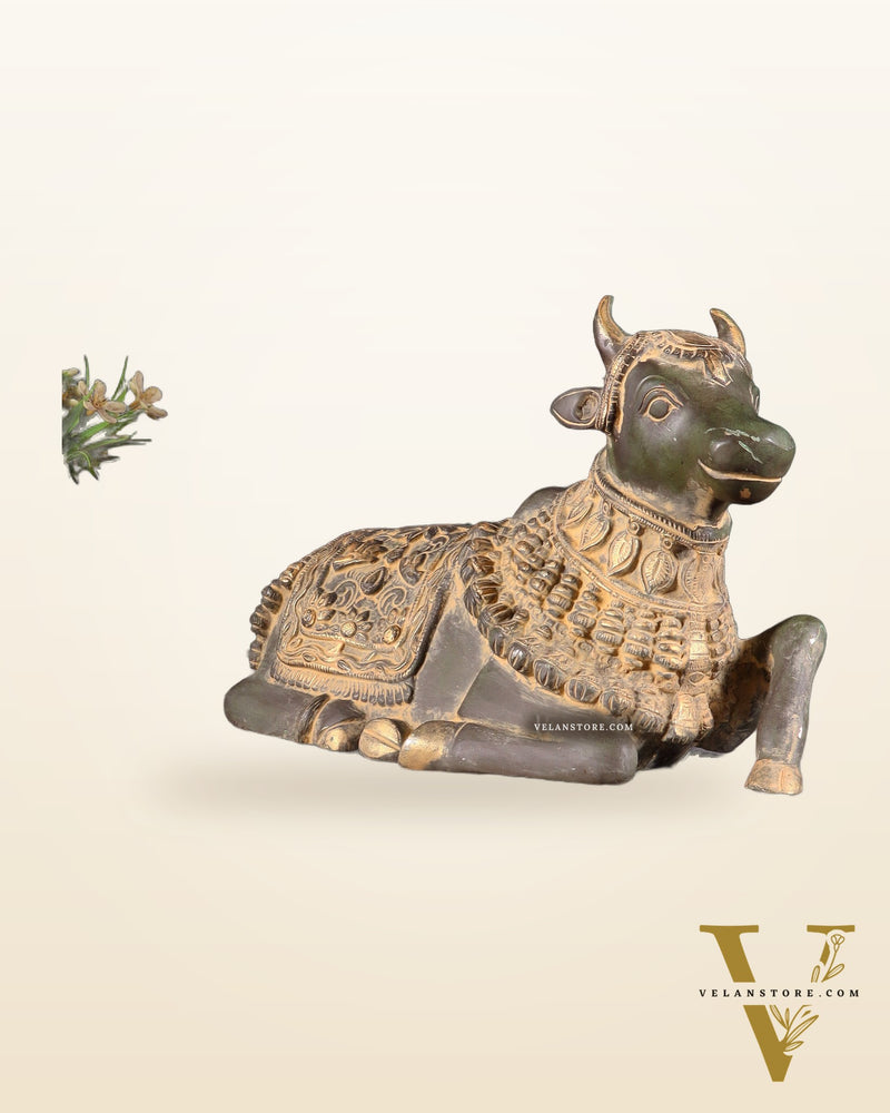Pure Brass Engraved Nandi Statue – 10" Green Sand Patina