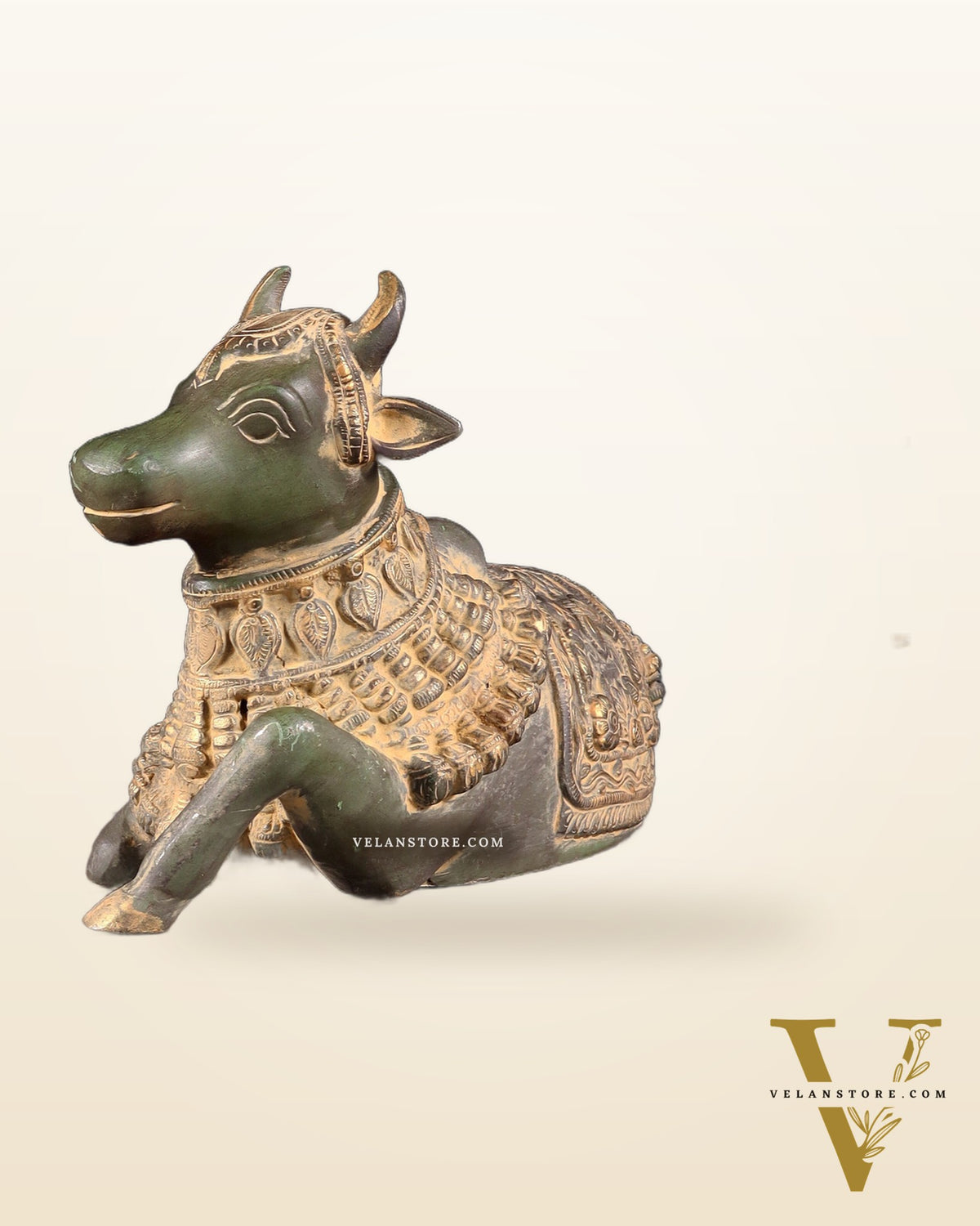 Pure Brass Engraved Nandi Statue – 10" Green Sand Patina