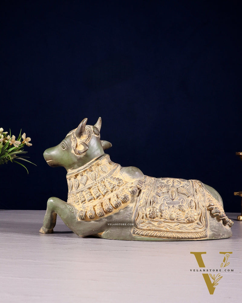 Pure Brass Engraved Nandi Statue – 10" Green Sand Patina