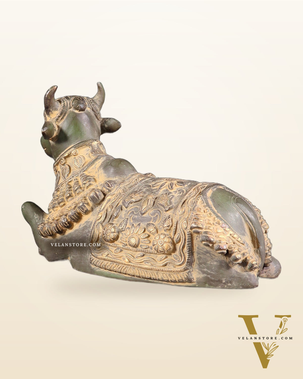 Pure Brass Engraved Nandi Statue – 10" Green Sand Patina