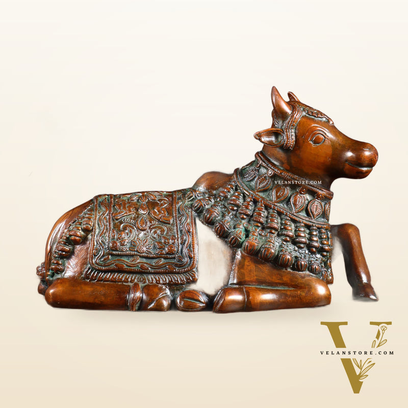 Pure Brass Engraved Nandi Statue – 10" Rustic brown