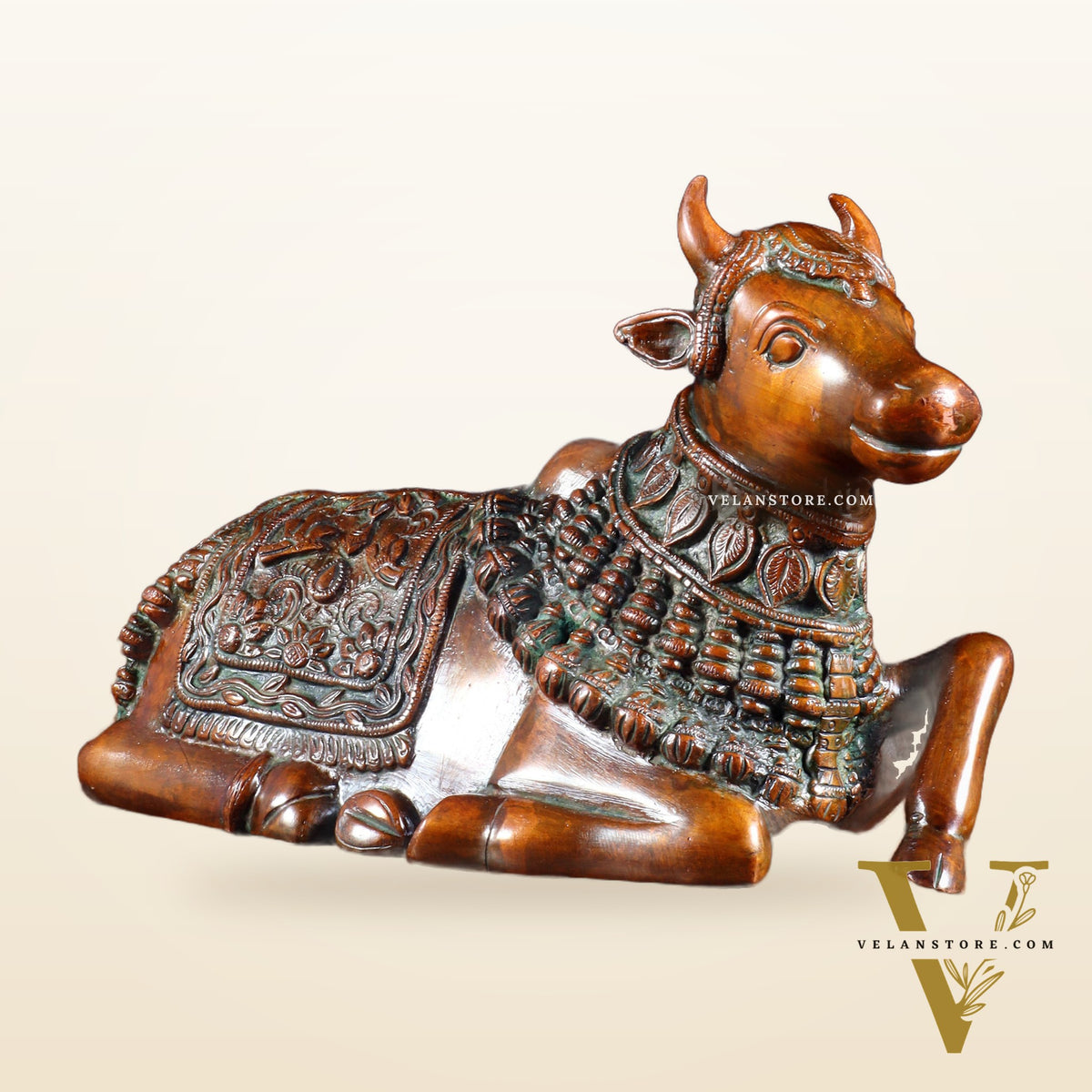 Pure Brass Engraved Nandi Statue – 10" Rustic brown