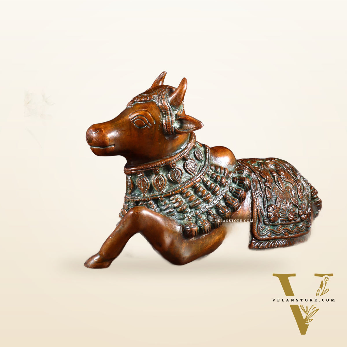 Pure Brass Engraved Nandi Statue – 10" Rustic brown