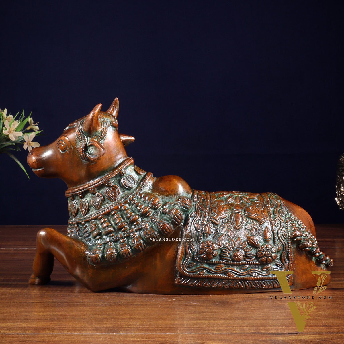 Pure Brass Engraved Nandi Statue – 10" Rustic brown