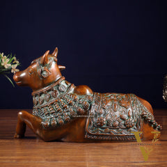 Pure Brass Engraved Nandi Statue – 10" Rustic brown