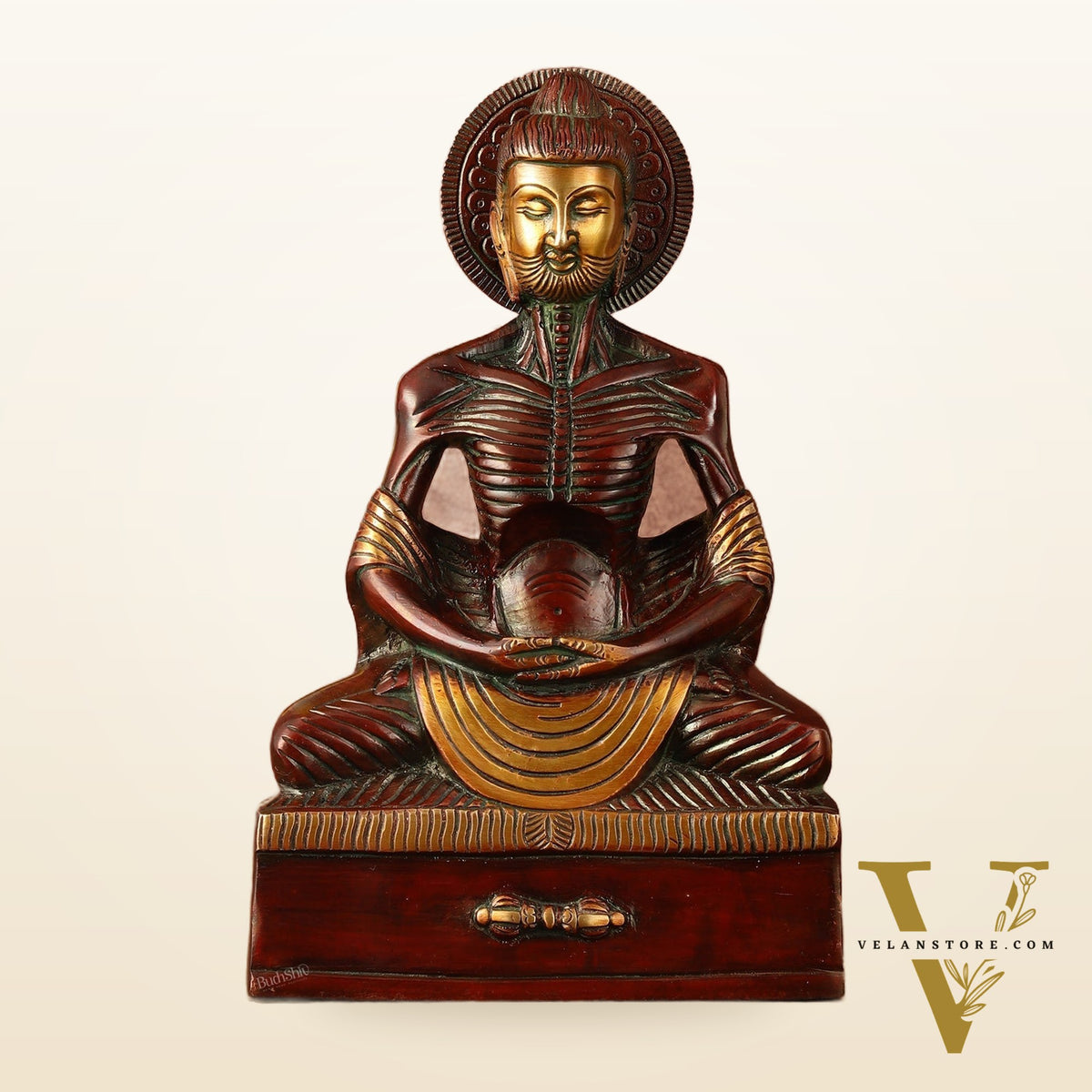 Pure Brass Fasting/Hungry Buddha in Meditation Sculpture - 9" Tall