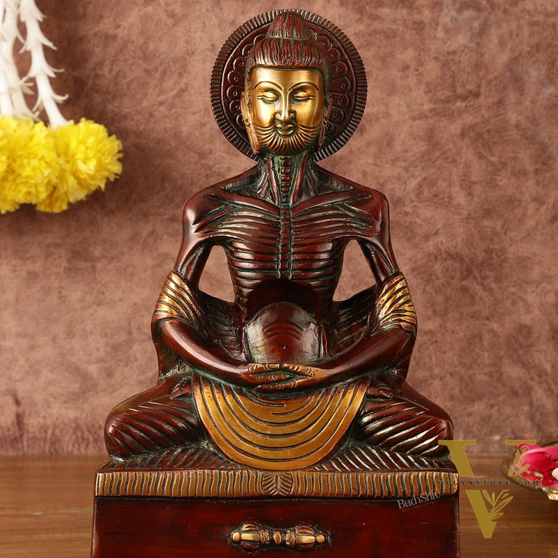 Pure Brass Fasting/Hungry Buddha in Meditation Sculpture - 9" Tall
