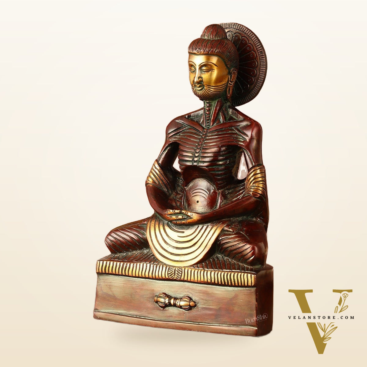 Pure Brass Fasting/Hungry Buddha in Meditation Sculpture - 9" Tall
