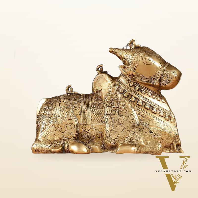 Pure Brass Fully Carved Nandi Statue - 8" matte gold