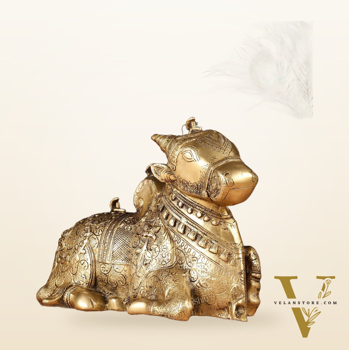 Pure Brass Fully Carved Nandi Statue - 8" matte gold