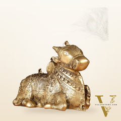 Pure Brass Fully Carved Nandi Statue - 8" matte gold
