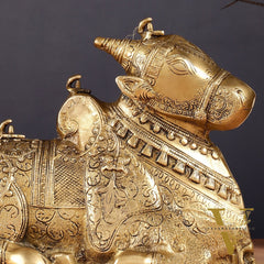 Pure Brass Fully Carved Nandi Statue - 8" matte gold