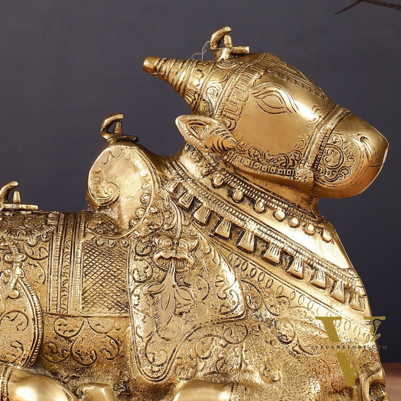 Pure Brass Fully Carved Nandi Statue - 8" matte gold