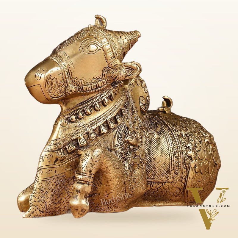 Pure Brass Fully Carved Nandi Statue - 8" matte gold