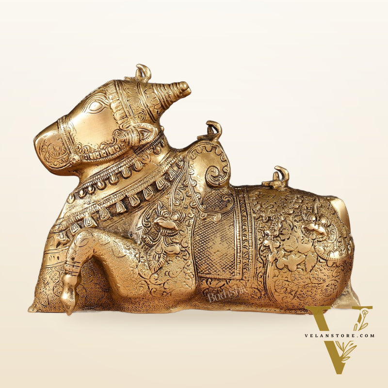 Pure Brass Fully Carved Nandi Statue - 8" matte gold