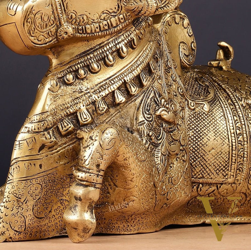 Pure Brass Fully Carved Nandi Statue - 8" matte gold