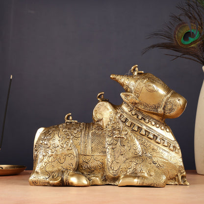 Pure Brass Fully Carved Nandi Statue - 8" matte gold