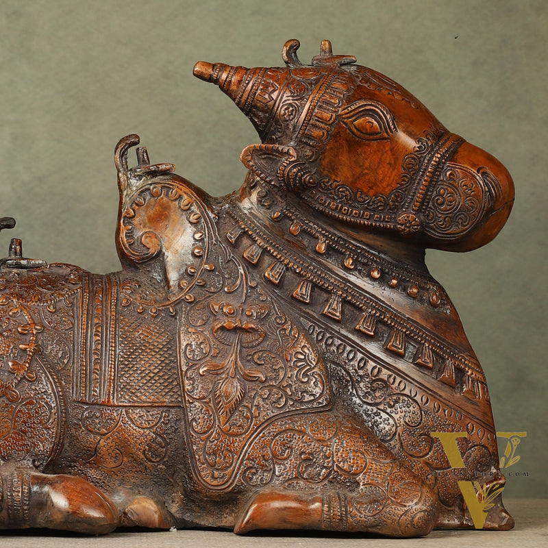 Pure Brass Fully Carved Nandi Statue - 8"