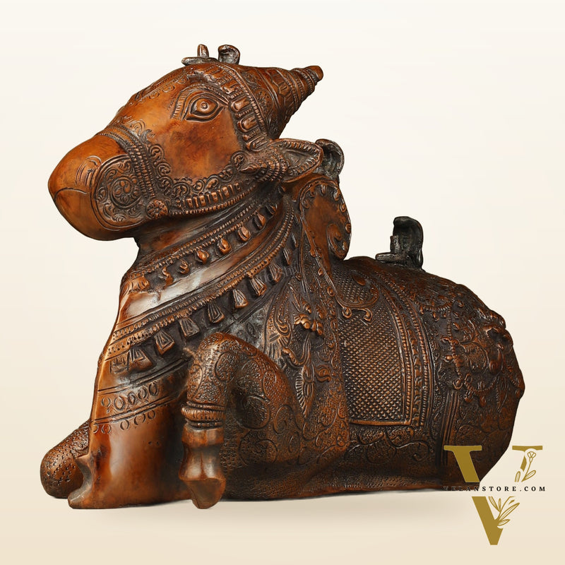 Pure Brass Fully Carved Nandi Statue - 8"